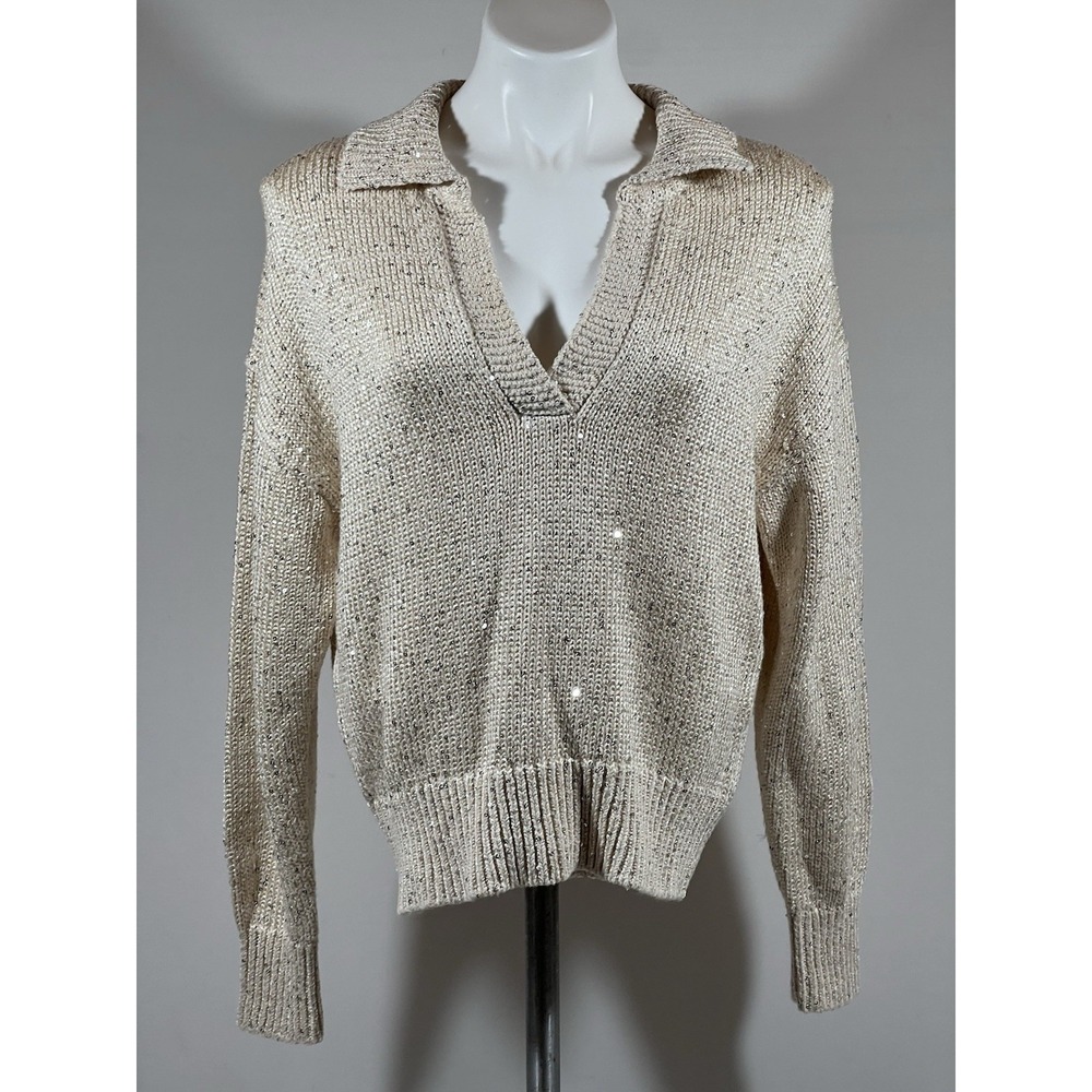J Crew Ivory Sequin Sweater Medium V Neck Holiday Sparkle
